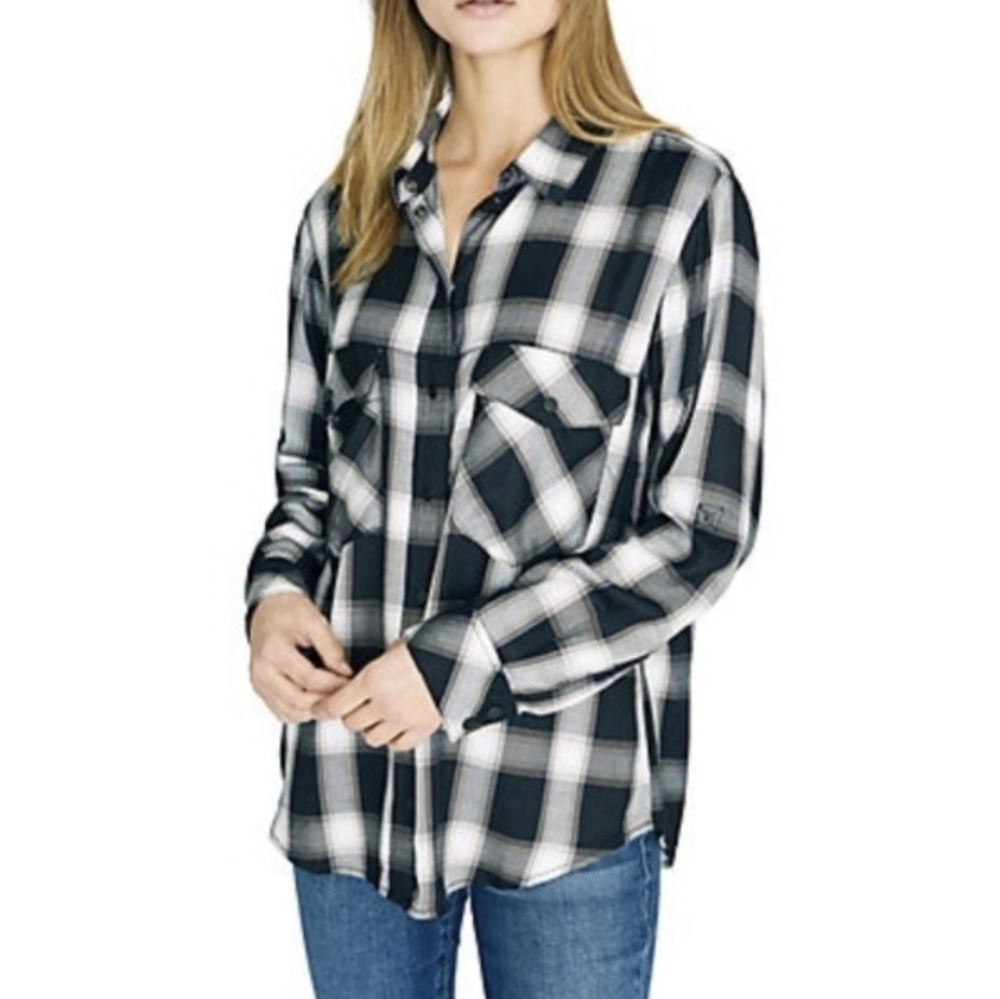 Sanctuary Black Plaid Boyfriend Snap Button Down S